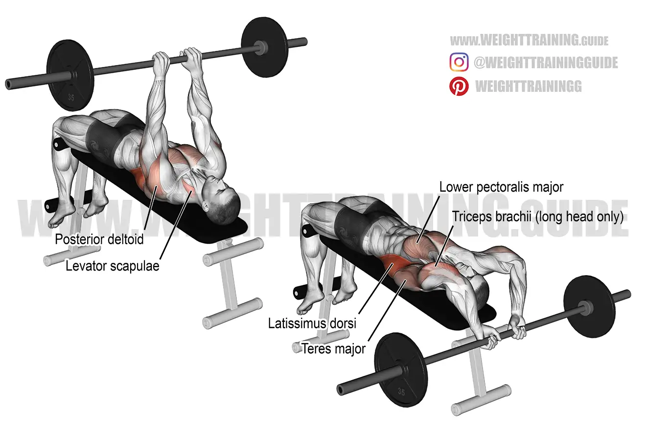 Decline bent-arm barbell pullover exercise