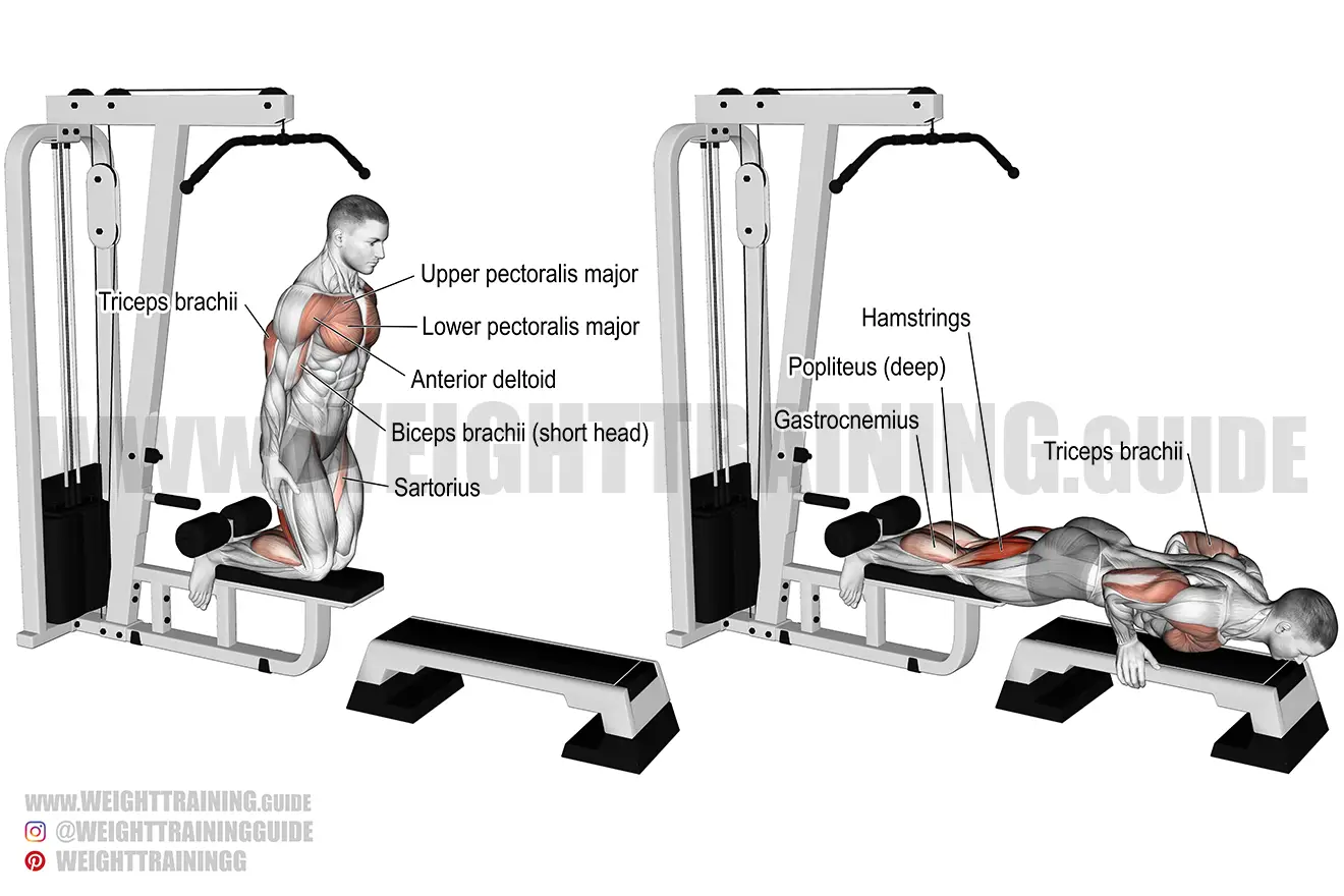 Inverse leg curl on lat pull-down machine exercise