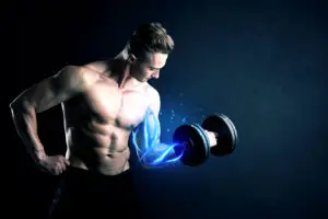 Man lifting dumbbell with biceps glowing