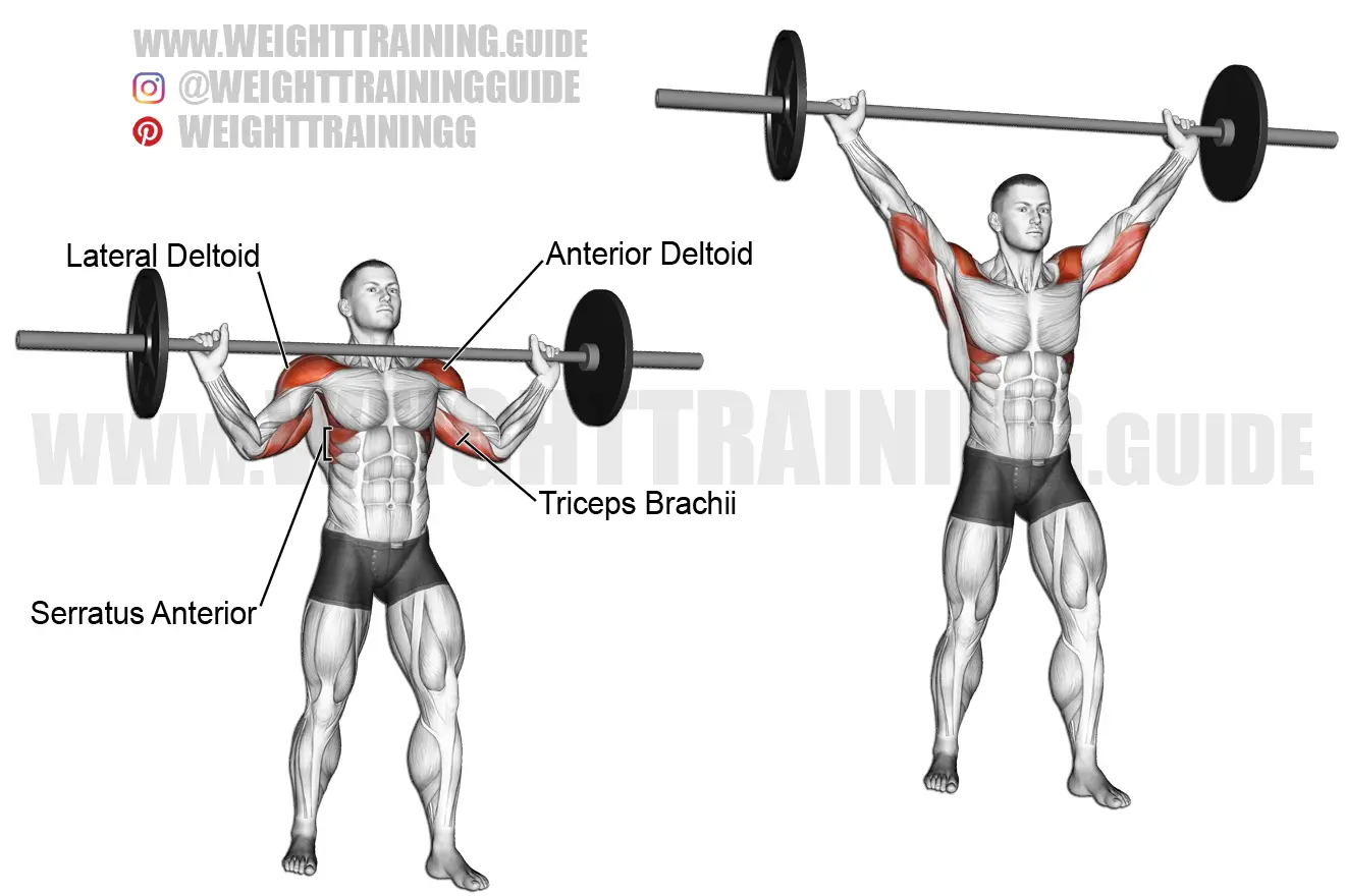 Standing wide-grip barbell overhead press exercise
